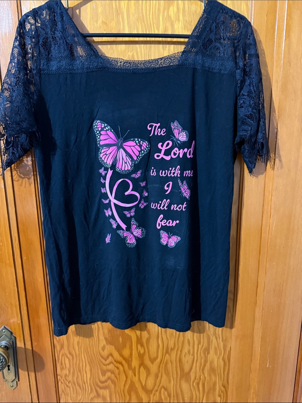 Vici Black Lace Sleeve Tee with Pink Butterfly Graphic